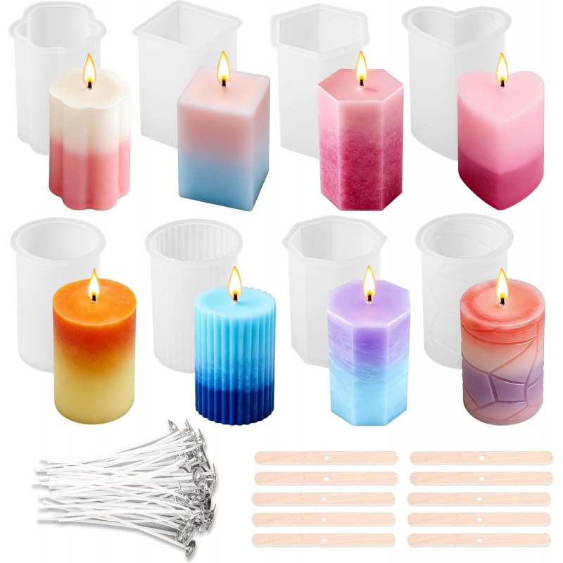 Wooden Wick Candle - 8-delige siliconen kaarsenvormenset, inclusief 50 kaarsenlonten
